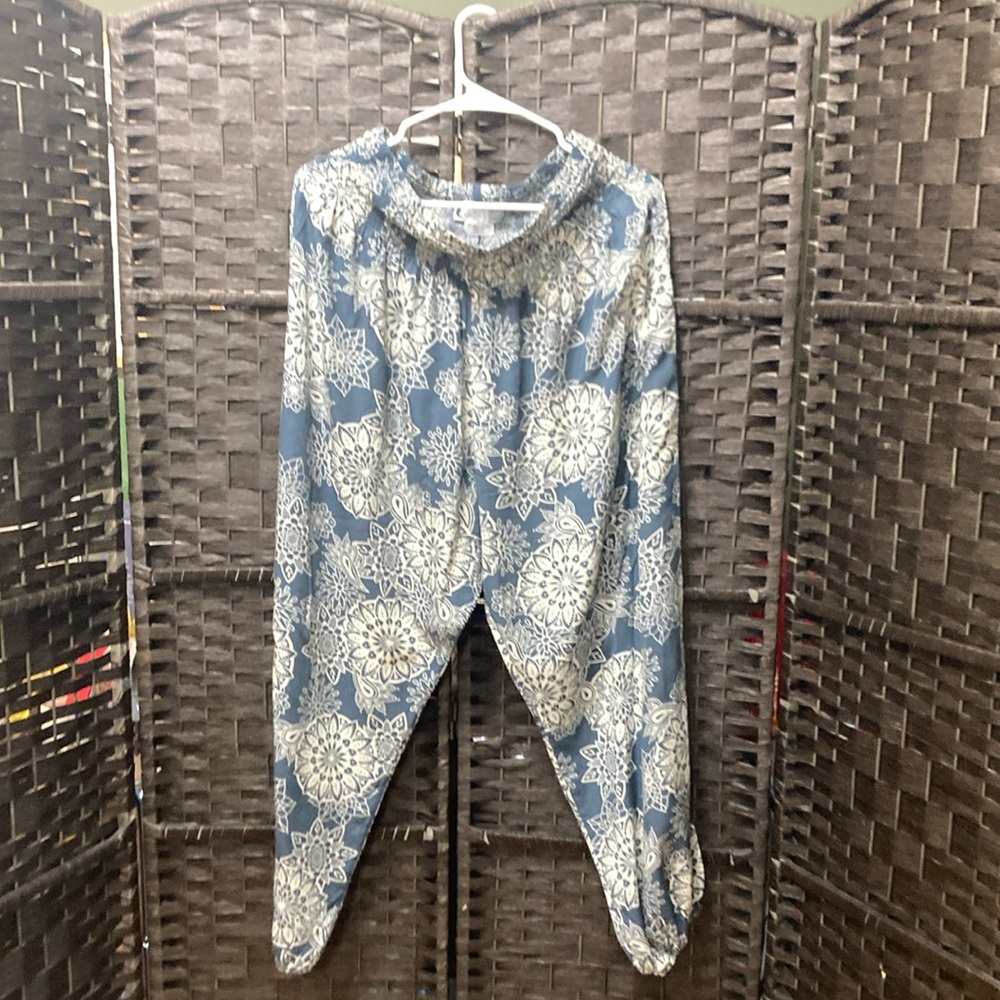 Lotus and Luna Blue and White Patterned Haram Pants Curve - Equivalent to Large